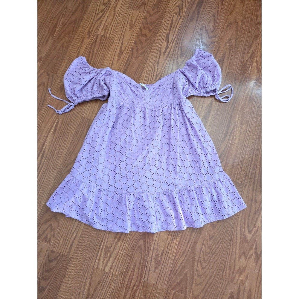 Olivaceous Purple Eyelet Lace Puff Sleeve‎ Mini Dress Smocked Back Small